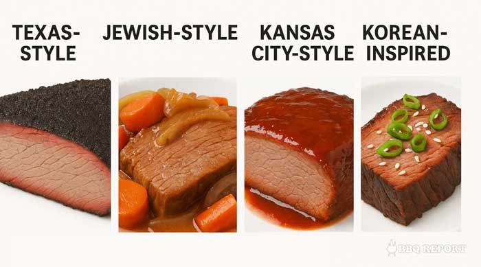 Comparison of different regional brisket styles showing Texas-style (simple bark, smoke ring), Jewish-style (braised with vegetables), Kansas City-style (with sauce), and Korean-inspired brisket.