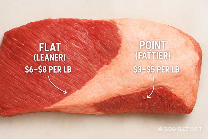 Educational diagram of a brisket showing the flat (leaner) and point (fattier) sections with price ranges for each cut clearly labeled