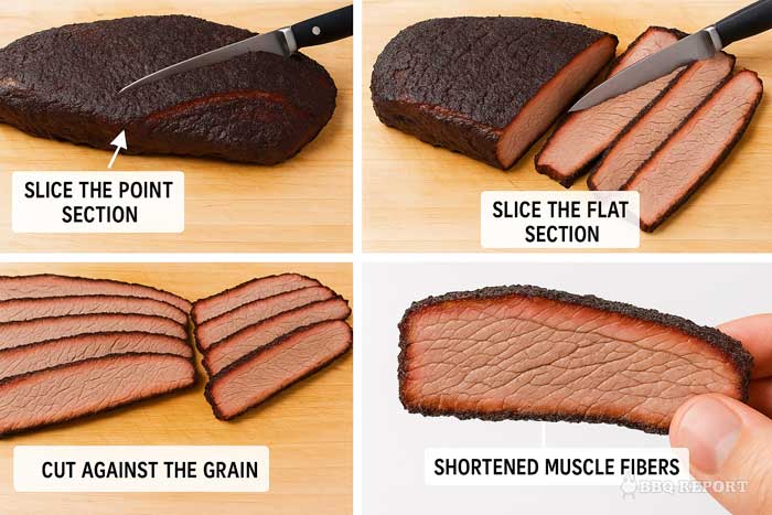 Step-by-step photo sequence showing proper brisket slicing technique, with emphasis on cutting against the grain.