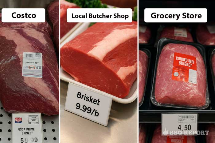 Side-by-side comparison of brisket displays at Costco, local butcher shop, and grocery store, showing price tags and quality differences between retailers