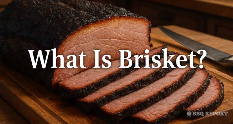 Close-up of a beautifully sliced smoked brisket with a dark bark and pink smoke ring, displayed on a wooden cutting board with a carving knife nearby.