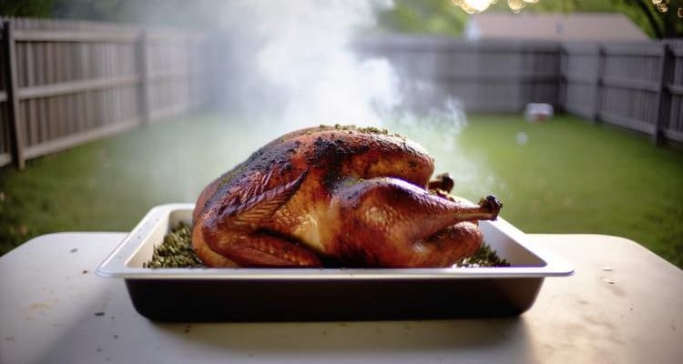 Perfectly smoked turkey with golden-brown crispy skin on serving platter