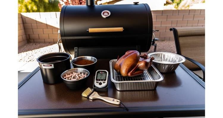 Essential turkey smoking equipment including smoker, thermometer, and accessories