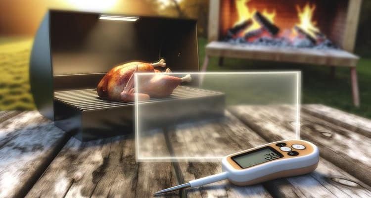 Digital thermometer monitoring turkey temperature during smoking