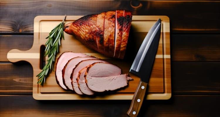 Sliced smoked turkey breast showing juicy meat and smoke ring