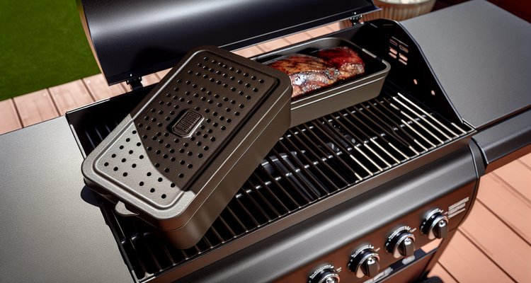 cast iron smoker box between flame deflector bars with wood chips