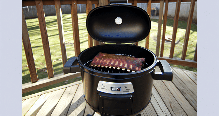 Compact rib rack inside a small Weber 14 inch Smokey Mountain smoker