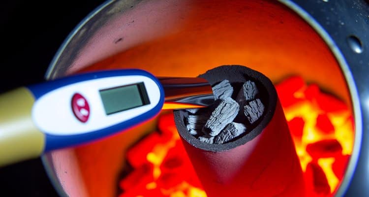 Glowing red hot charcoal briquettes ready in chimney starter