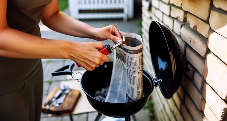 Person lighting newspaper under chimney starter