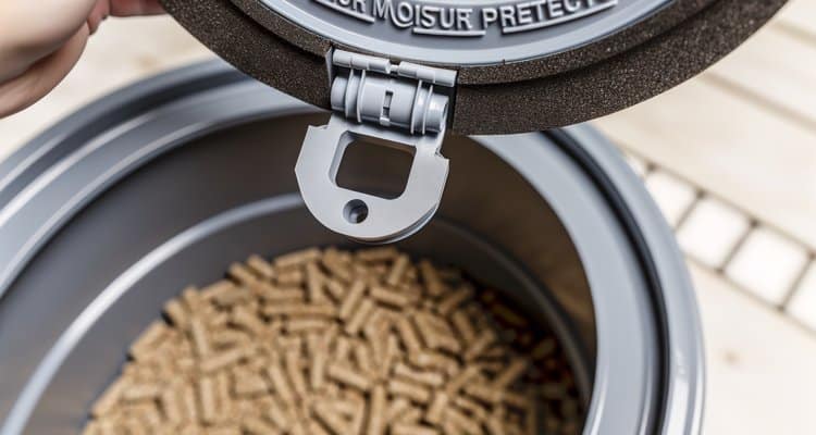 Airtight lid on pellet storage container providing moisture protection for BBQ pellets