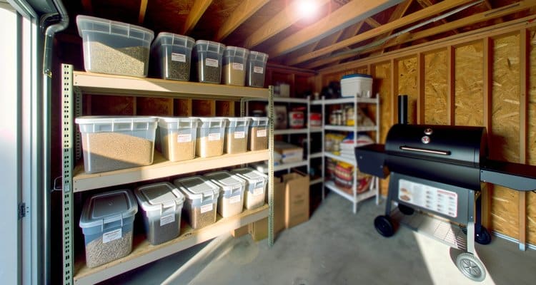 Wood pellet containers stored properly in garage for long-term seasonal storage