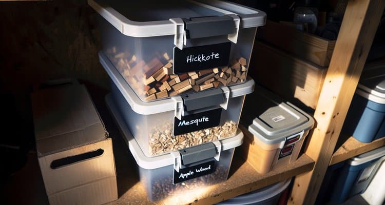 Organized pellet storage system with labeled containers for multiple wood pellet flavors