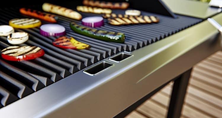 Porcelain-coated grill grates with colorful grilled vegetables showing easy cleanup