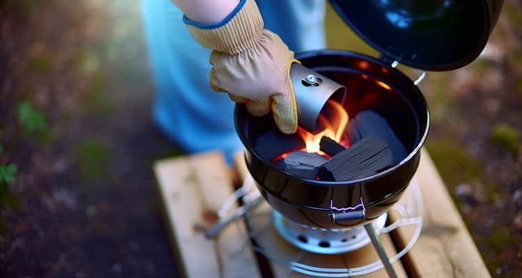 Pouring hot glowing charcoal from chimney starter into kettle grill