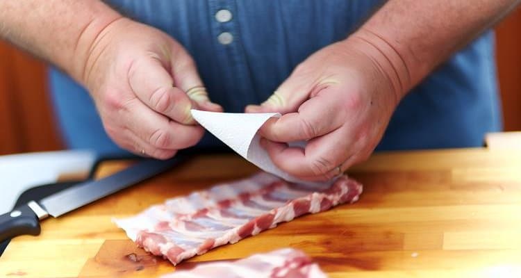 Hands using paper towel to remove silver membrane from back of raw pork ribs on cutting board