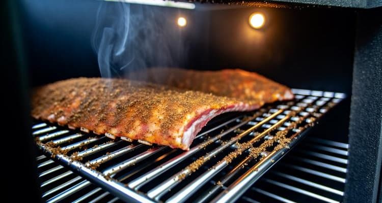 Seasoned pork ribs smoking unwrapped on grill grates with visible smoke during Phase 1 of 3-2-1 method