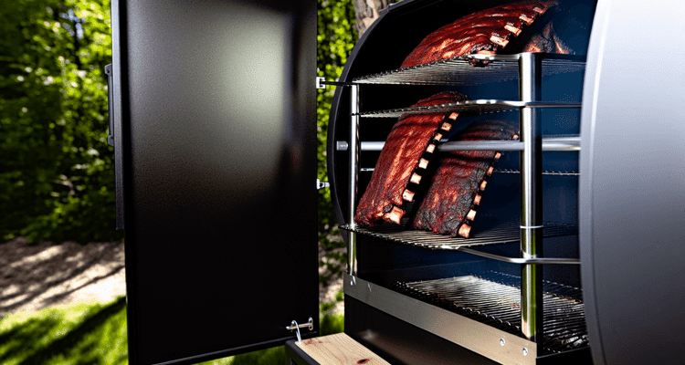 Ribs with beautiful dark bark in a vertical rack