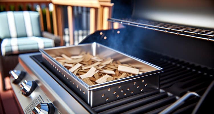 smoker box filled with wood chips on gas grill with smoke rising