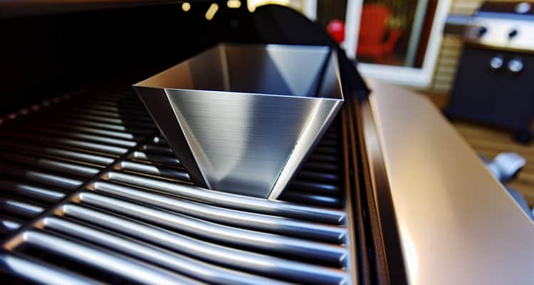 V-shaped smoker box with smoke billowing, ribs cooking on gas grill