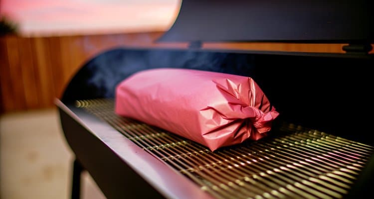 Meat wrapped in pink butcher paper on smoker