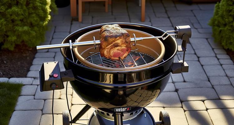Prime rib rotating on Weber 22 inch charcoal kettle rotisserie during cooking process