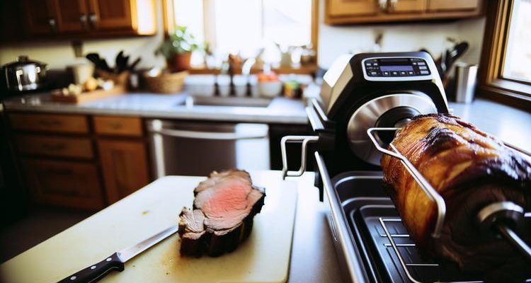 Perfectly cooked prime rib with golden brown crust on rotisserie