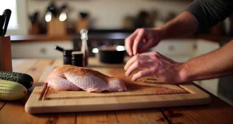 Hands applying dry rub seasoning to raw turkey breast on wooden cutting board