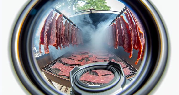 Beef jerky strips smoking on racks inside smoker with visible smoke