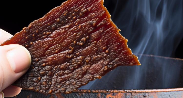 Close-up of finished beef jerky showing ideal texture with visible grain and proper doneness