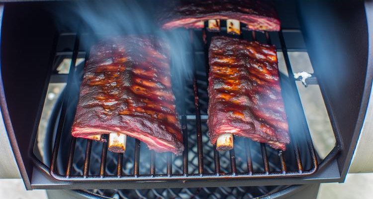 Beef short ribs on smoker grate with developing bark and visible smoke