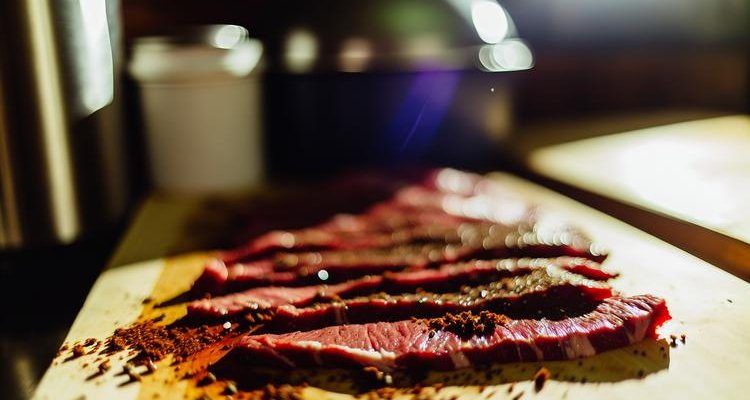 Marinated beef strips on cutting board seasoned with spices before smoking