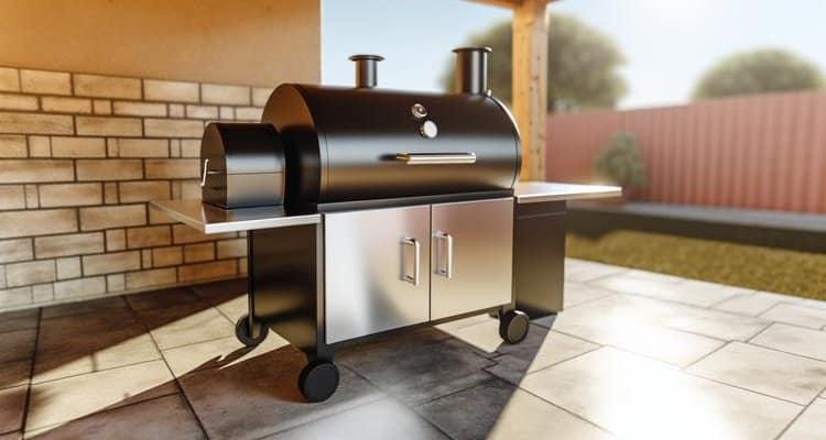 Beginner using a backyard smoker with smoke rising and meat cooking on grates