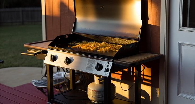 golden crispy breakfast hash with diced potatoes, sausage, and eggs cooking on a Blackstone griddle, outdoor setting with morning sunlight