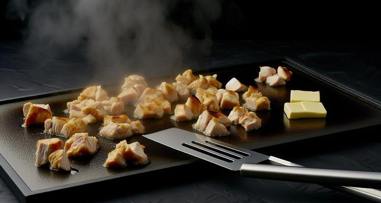 Diced chicken pieces cooking on Blackstone griddle with butter and metal spatula