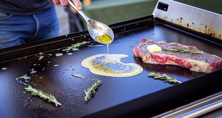 Butter basting ribeye steak on Blackstone griddle with spatula showing cooking technique