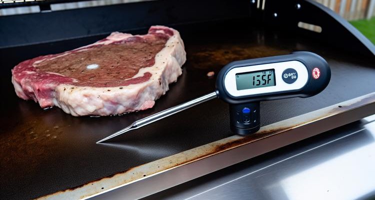 Checking internal temperature of ribeye steak on Blackstone griddle with instant-read thermometer