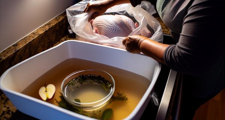 Turkey brining process showing preparation and soaking in brine solution