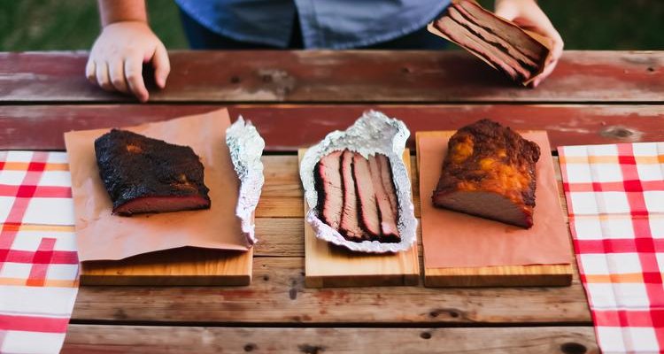 three briskets side by side showing crust comparison - butcher paper wrapped with firm exterior, foil wrapped with soft surface, and unwrapped with crispy texture
