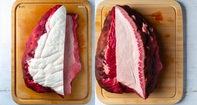 Side-by-side comparison showing brisket before and after proper trimming
