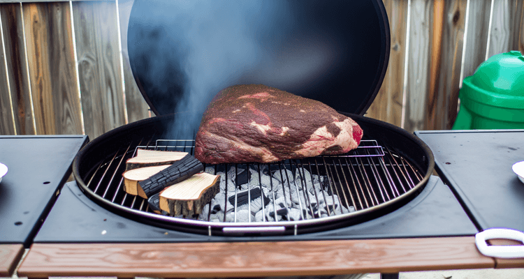 Large beef brisket on charcoal grill grates with visible smoke and perfect marbling
