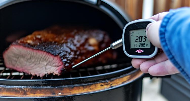 meat thermometer probe being inserted into smoked brisket testing for butter-like tenderness at 203 degrees