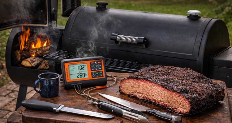 Essential brisket smoking equipment including smoker, thermometer, and tools