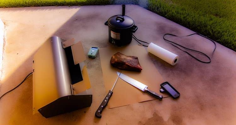 Essential brisket smoking equipment including smoker, thermometer, and tools