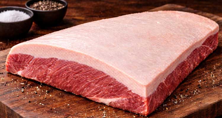 Properly trimmed brisket showing 1/4 inch fat cap