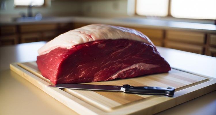 Untrimmed whole packer brisket on cutting board with sharp knife ready for trimming