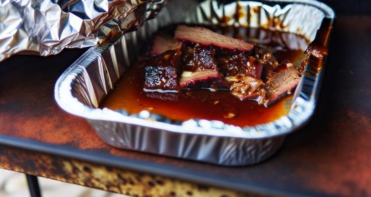 Cubed burnt ends in aluminum pan with BBQ sauce glaze during second cook