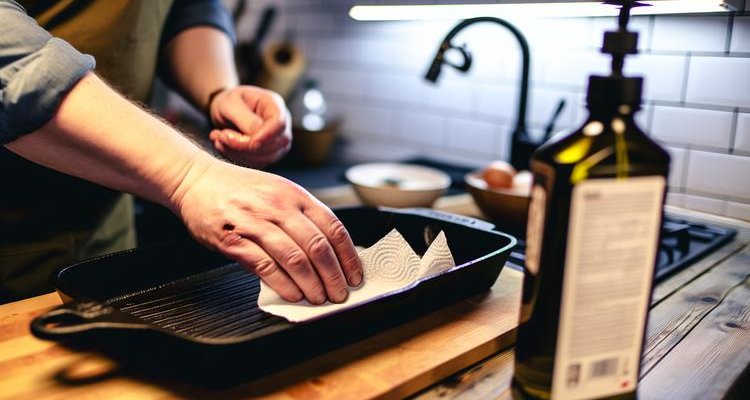 Applying seasoning oil to cast iron griddle