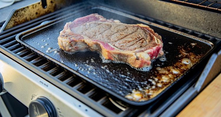 Steak searing on cast iron griddle