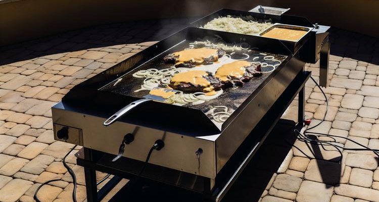 Melted cheese being added to ribeye and onions on flat-top griddle