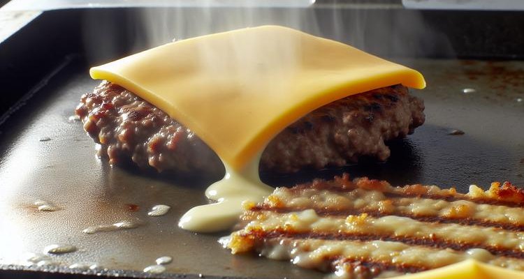 American cheese melting on smash burger patty on Blackstone griddle with visible crust